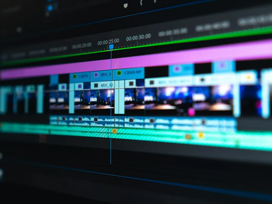A video editing timeline on a dark screen
