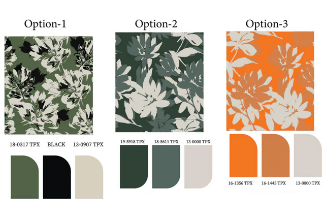 Three colourway options of the same repeat with their Pantone chips