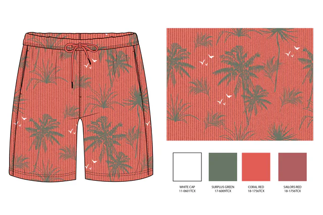 A print spec sheet with the garment, tile and colour chips