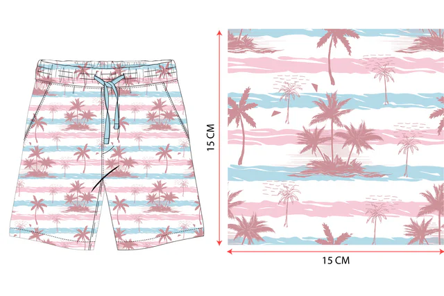 The repeat tiled and measured at 15 cm, shown on the garment