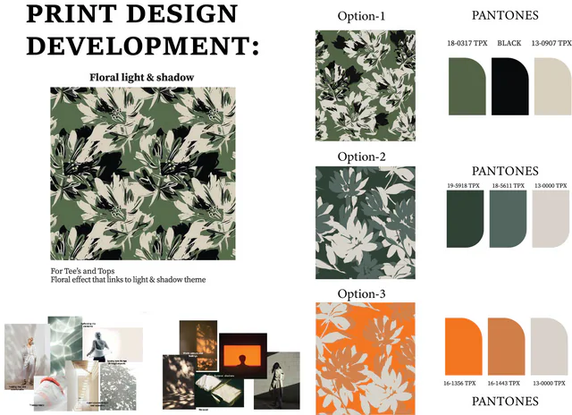 A print development board: references, motif options and the palette they resolve into