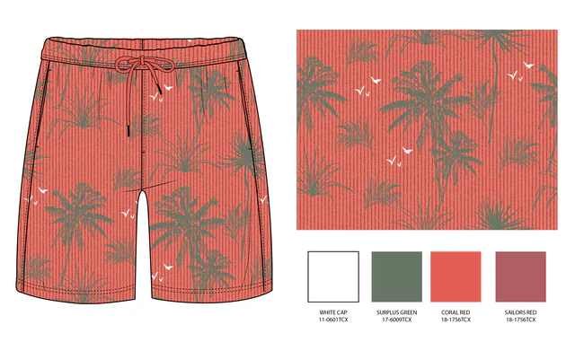 Shorts cut from the coral palm repeat