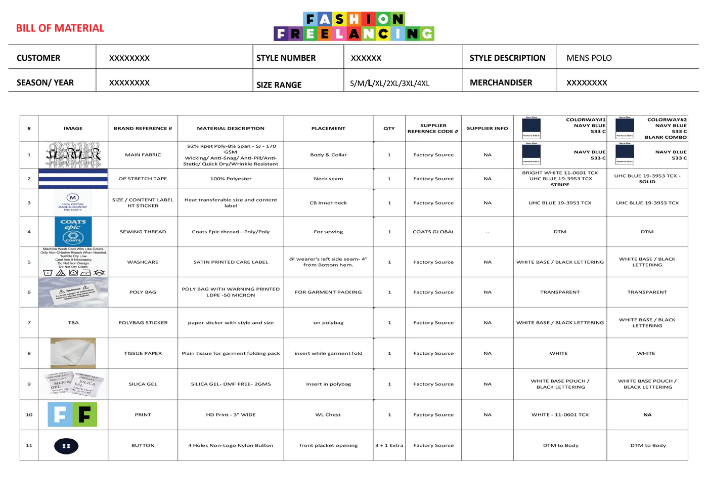 A bill of materials table naming every fabric and trim with a swatch, brand reference, material description, placement, quantity and supplier — body fabric, stretch tape, labels, sewing thread, poly bag, chest print and placket buttons — each specified against two navy colourways.