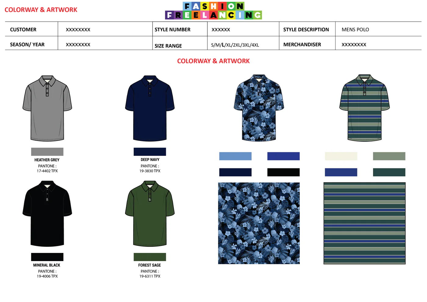 Six production colourways of the polo — Heather Grey, Deep Navy, Mineral Black and Forest Sage against their Pantone TPX codes, plus a tropical floral print and a yarn-dyed stripe, each shown on the garment with its artwork repeat and colour chips.