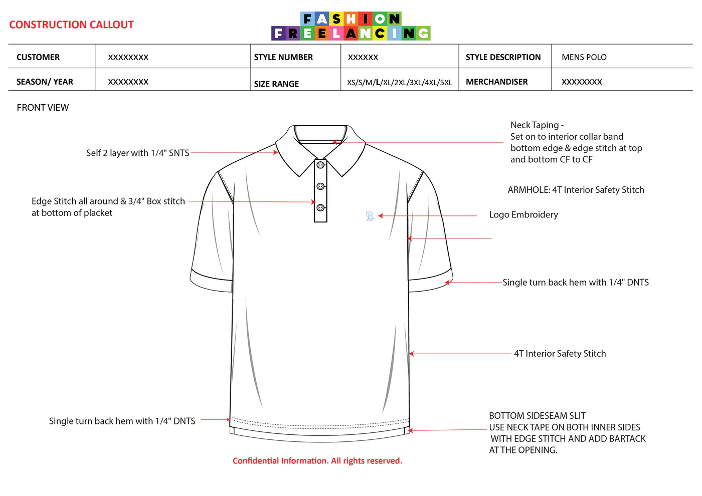 The front view of the polo with leader lines pinned to named construction points — neck taping set onto the interior collar band, a 4T interior safety stitch at the armhole, edge stitch all round with a box stitch at the bottom of the placket, single turn-back hems, and a bottom sideseam slit bartacked at the opening.