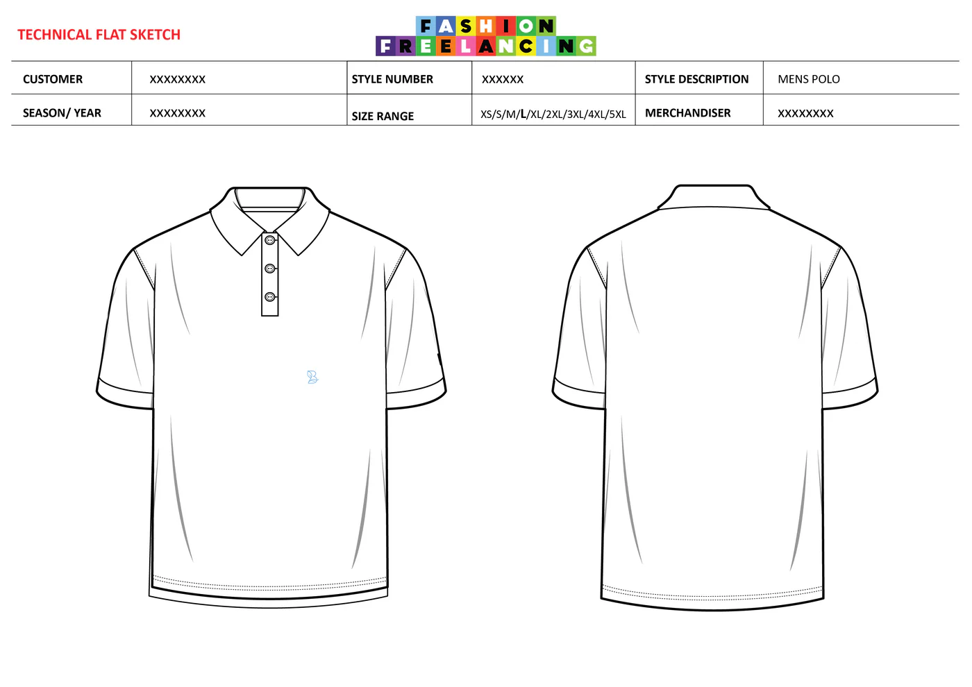 A technical flat sketch of a men's polo, front and back, above a header carrying the customer, style number, style description, season, size range and merchandiser.