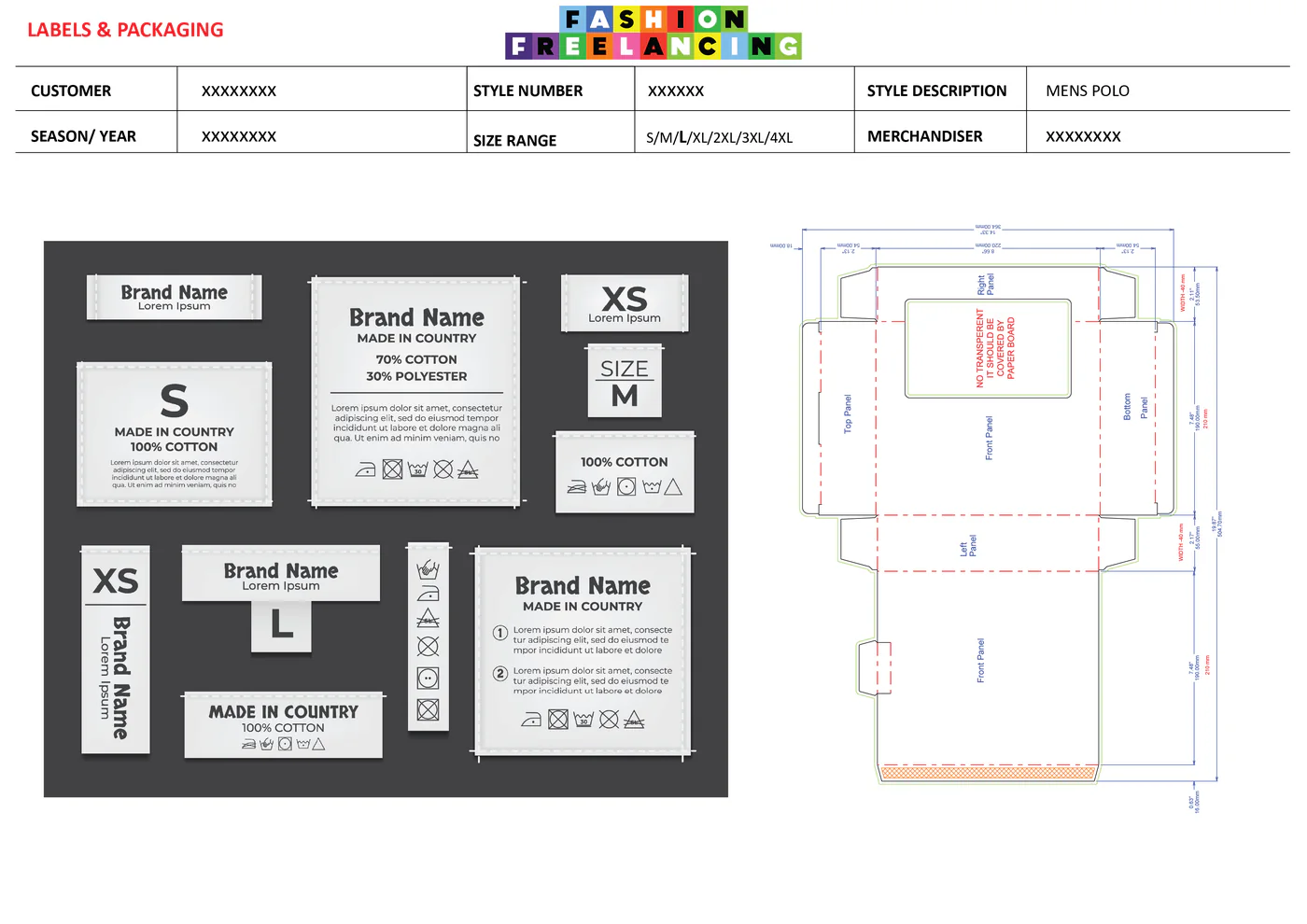 Brand, size and care labels laid out with fibre content and wash-care symbols, beside a dieline for the garment carton with every panel and fold dimensioned.