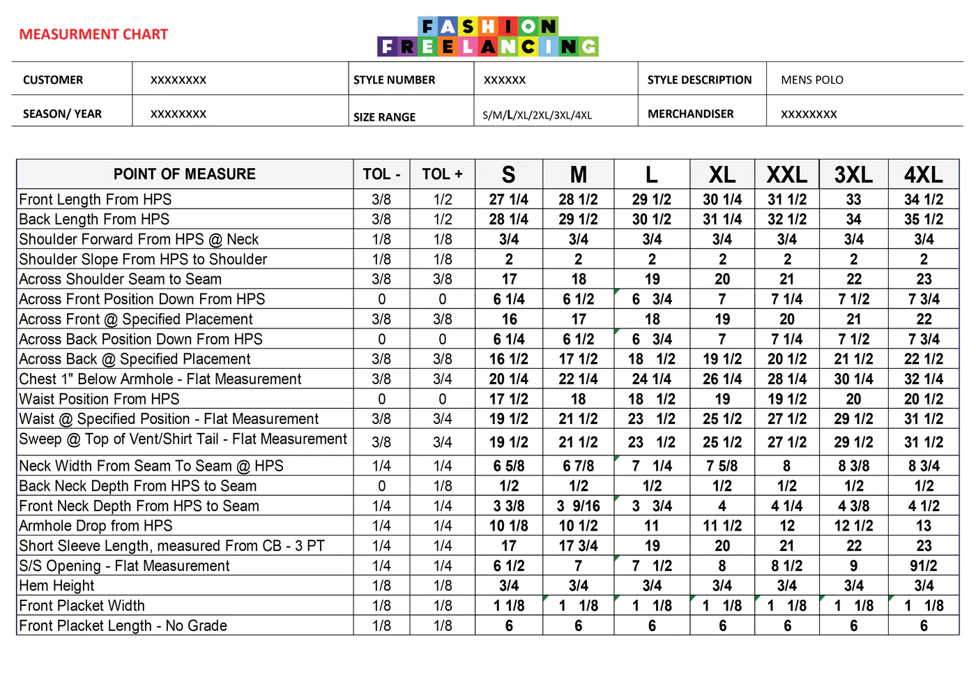 A points-of-measure table giving a minus and plus tolerance and a graded measurement from S to 4XL for every point — front and back length from HPS, shoulder seam and slope, across front and back, chest, waist, sweep, neck width and depth, armhole drop, sleeve length and opening, hem height and placket.