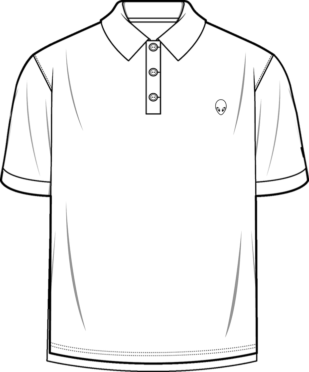 Technical flat drawing of a men's polo shirt, front view
