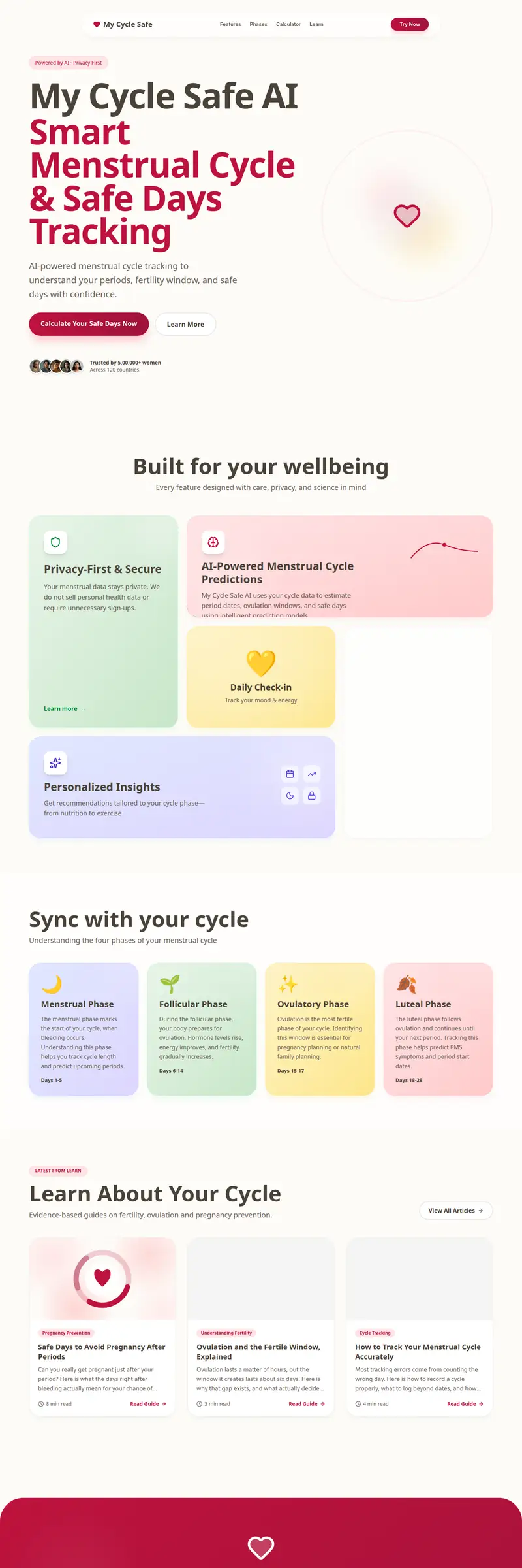 My Cycle Safe AI home page, scrolled top to bottom