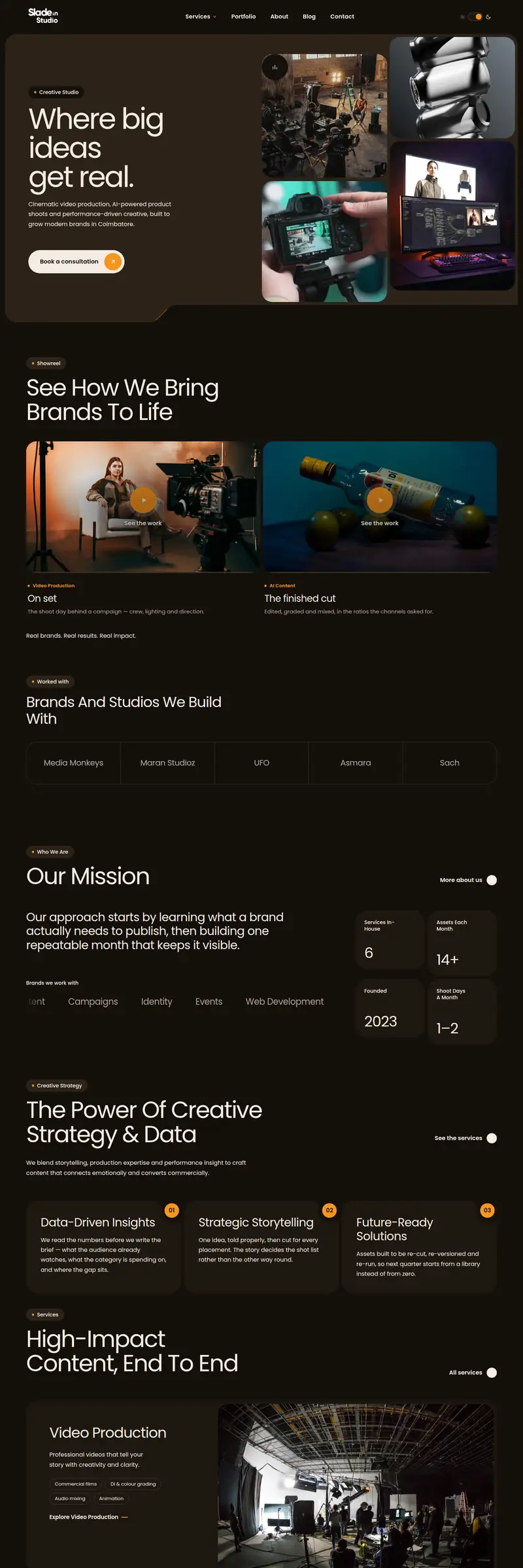 Slade In Studio home page, scrolled top to bottom