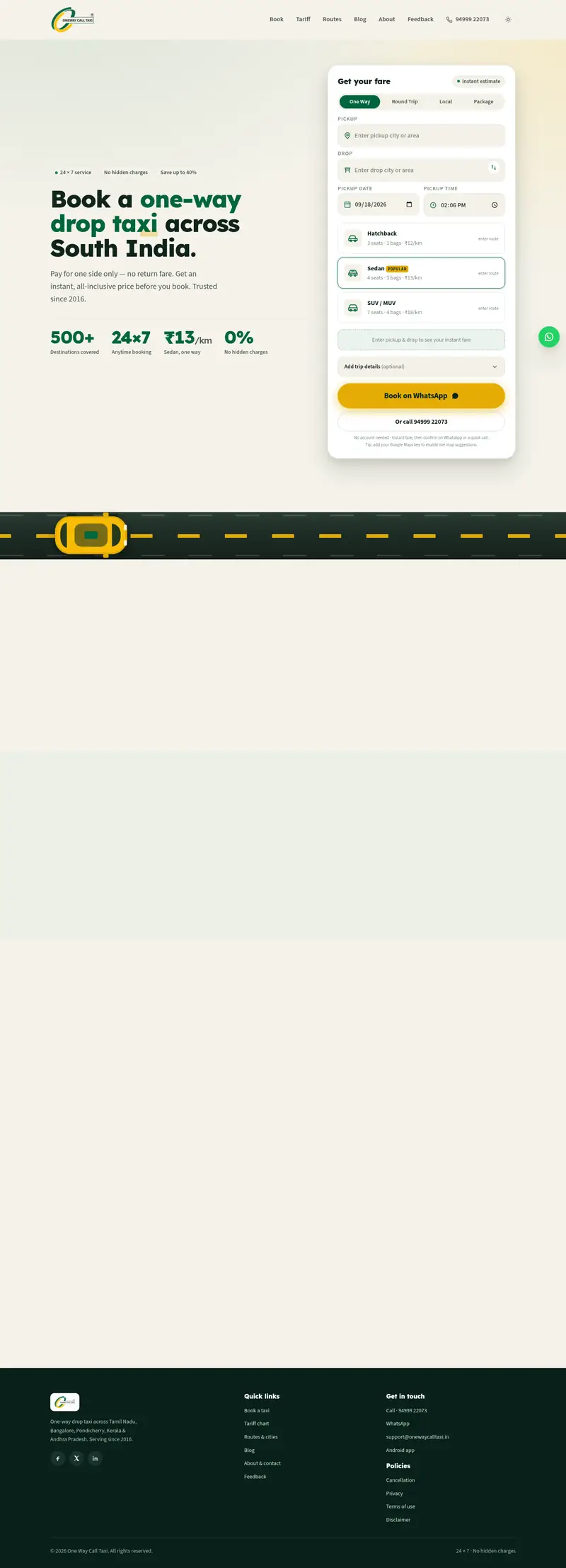 One Way Call Taxi home page, scrolled top to bottom